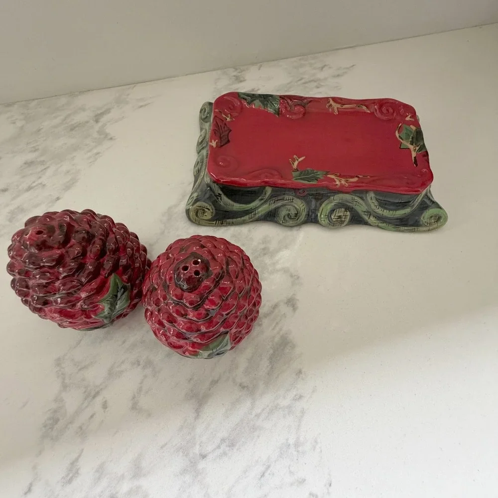 Tracy Porter Winter Collection Red Pinecone Salt and Pepper Shakers with Tray